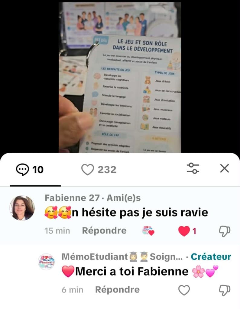 Capture TikTok : Fabienne recommande les fiches Mémo Étudiant sur le jeu et le développement de l'enfant.