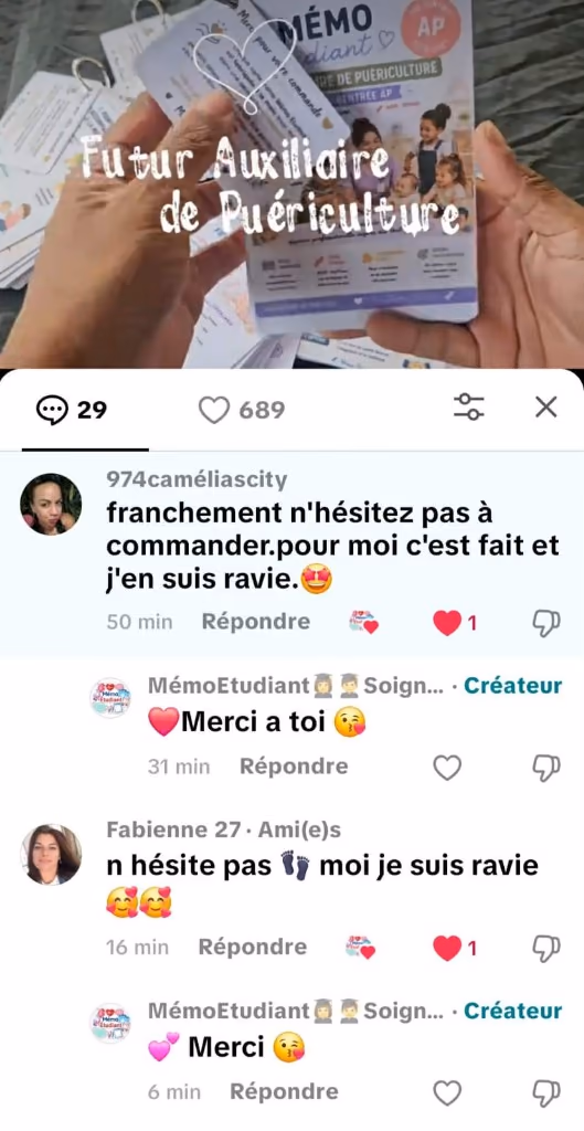 Capture TikTok : plusieurs clientes recommandent de commander les mémos Auxiliaire de Puériculture Mémo Étudiant.