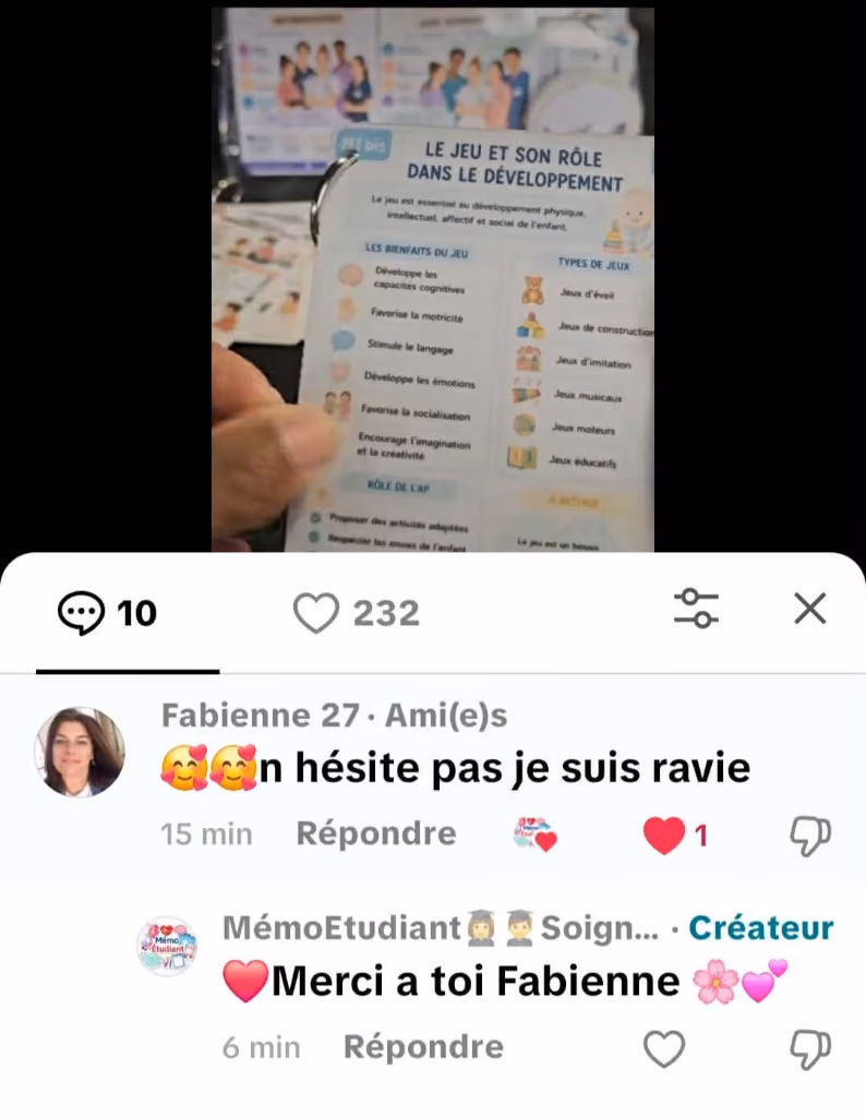 Capture TikTok : Fabienne recommande les fiches Mémo Étudiant sur le jeu et le développement de l'enfant.
