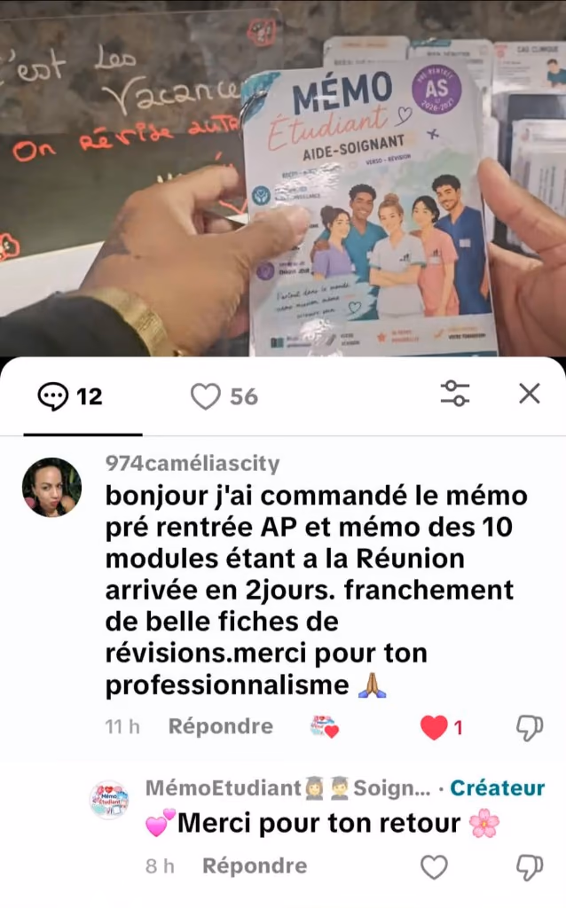 Capture TikTok : une cliente à La Réunion confirme la livraison en 2 jours et la qualité des fiches Mémo Étudiant Aide-Soignant.
